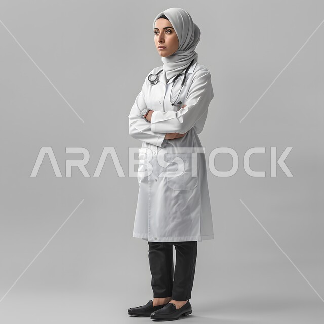 تقديم الخدمات العلاجية في المستشفيات والمراكز الصحية، العمل في القطاع الطبي، الاهتمام بالأناقة والمظهر الخارجي، بورتريه لطبيبة عربية خليجية سعودية مبتسمة محجبة ترتدي المعطف الابيض تقف باستقامة وتنظر الى شيء ما، صورة الجسم بالطول الكامل، خلفية رمادية