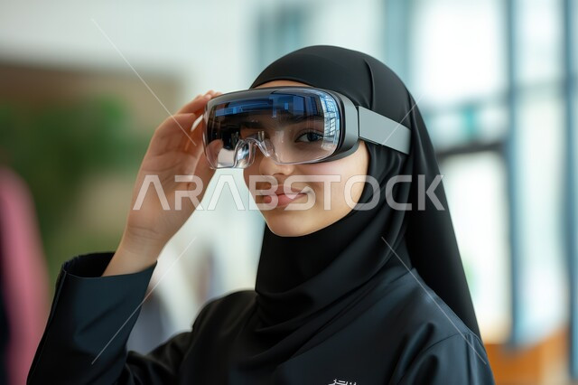 الاستمتاع في قضاء الأوقات الترفيهية، استخدام تقنيات حديثة الكترونية وأجهزة تكنولوجية، شابة عربية خليجية سعودية محجبة تضع نظارات الفي آر ثلاثية الابعاد، الاندماج والتفاعل مع العالم الافتراضي