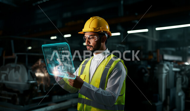 Utilizing modern techniques and advanced technology in the field of engineering, a Saudi Arabian Gulf engineer wearing a protective helmet and a safety vest clicks on holographic icons that appear on a tablet-shaped screen, closely following and supervising work, Saudi professions and jobs
