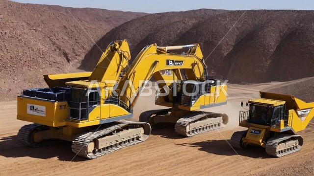 مناطق التنقيب عن الثروات الباطنية، الطبيعة الصخرية وتضاريس السلاسل الجبلية، المرتفعات وقمم الجبال في المملكة العربية السعودية، سيارة شحن كبيرة تقوم بالعمل في موقع التعدين، التخلص من الأتربة والصخور ونقلها بعيدا