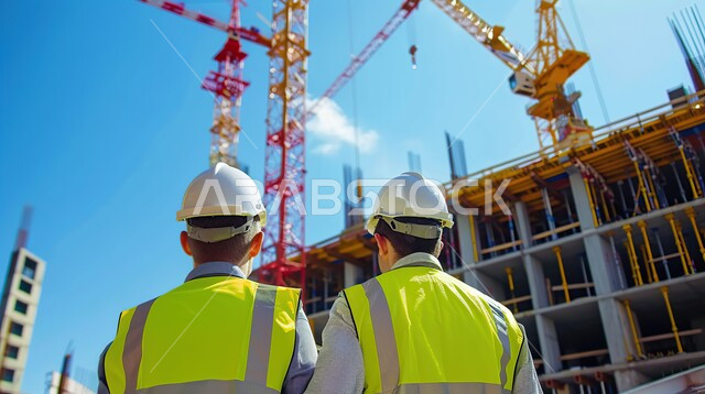 Following up and supervising the progress of projects, reviewing and amending construction plans, a picture from the back of two Saudi Gulf Arab engineers wearing a helmet and protection vest, project management from the work site, achieving the urban revolution, the development of structural engineering in Saudi Arabia, professions and jobs in the Kingdom