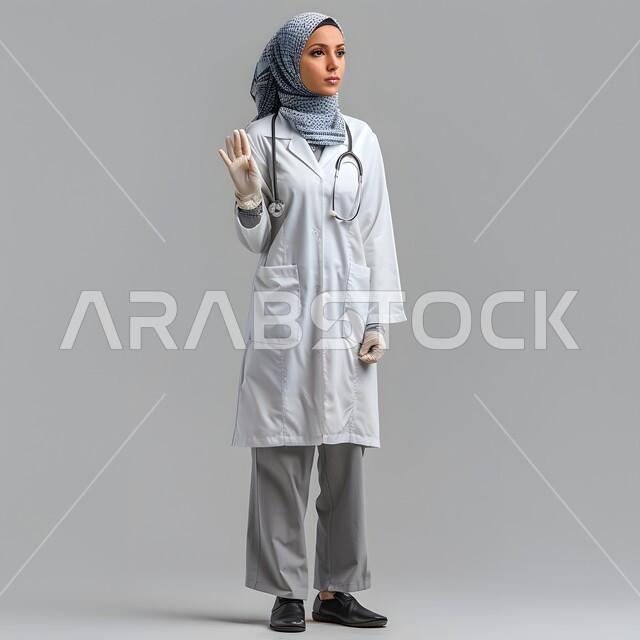 الاهتمام بالأناقة والمظهر الخارجي، تقديم الخدمات العلاجية في المستشفيات والمراكز الصحية، العمل في القطاع الطبي، بورتريه لطبيبة عربية خليجية سعودية مبتسمة محجبة ترتدي المعطف الابيض تقف باستقامة وتنظر الى شيء ما، صورة الجسم بالطول الكامل، خلفية رمادية