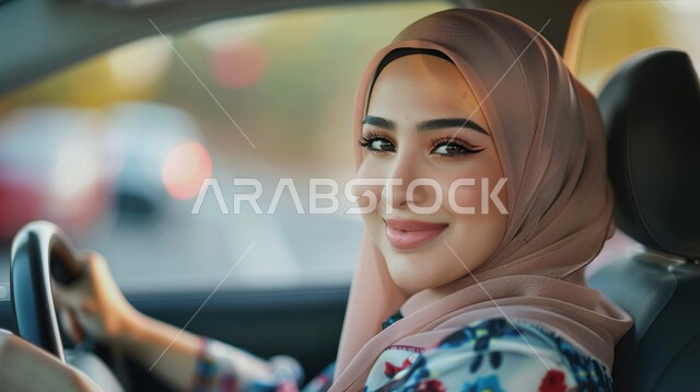 مفهوم الاستقلال والاعتماد على الذات, صورة مقربة لإمرأة عربية خليجية سعودية ترتدي الحجاب والعباءة تقوم بقيادة سيارتها، حرية القيادة للسيدة العربية، اعتماد الأنثى على نفسها في التنقل و المواصلات، اتباع قوانين الحركة المرورية