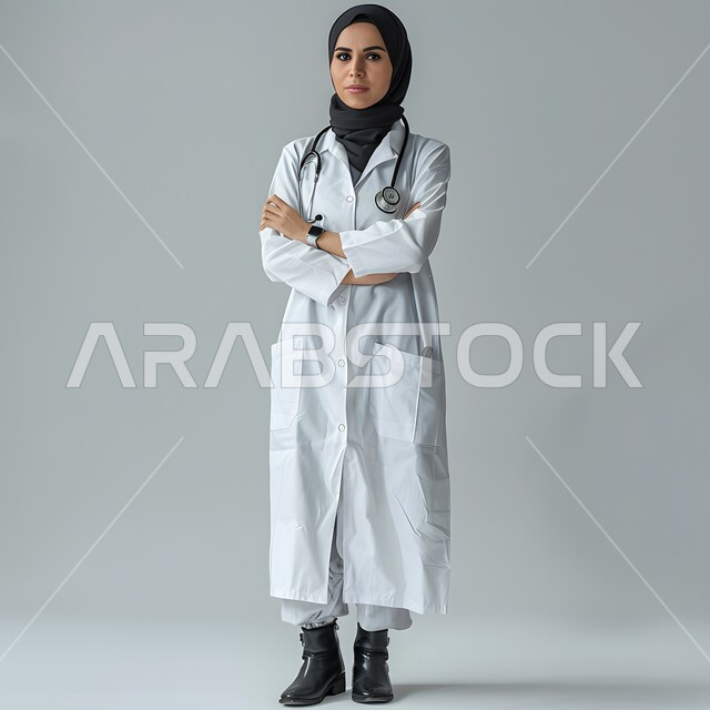 العمل في القطاع الطبي، الاهتمام بالأناقة والمظهر الخارجي، تقديم الخدمات العلاجية في المستشفيات والمراكز الصحية، بورتريه لطبيبة عربية خليجية سعودية مبتسمة محجبة ترتدي المعطف الابيض تقف بايدي متقاطعة ، صورة الجسم بالطول الكامل، خلفية رمادية