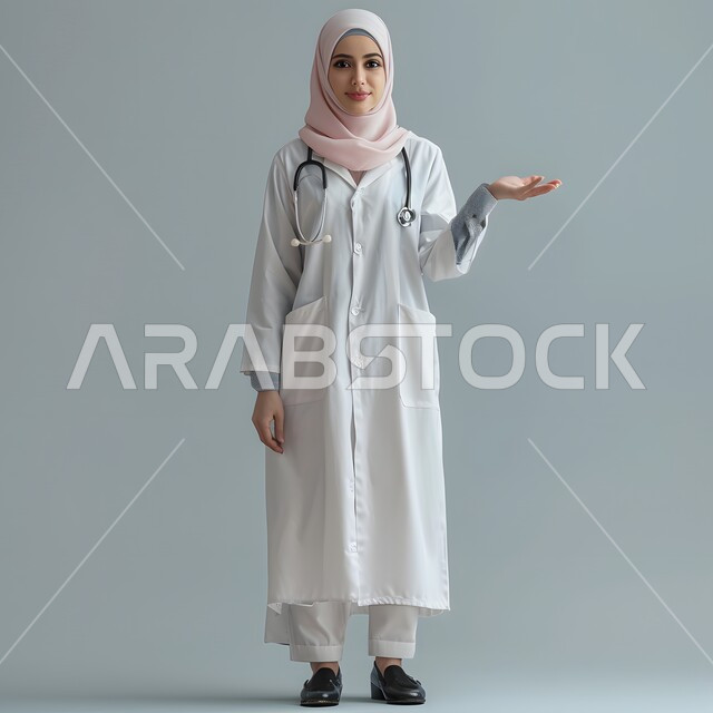 تقديم الخدمات العلاجية والاستشارات في المستشفيات والمراكز الصحية، مهن ووظائف نسائية في القطاع الطبي، بورتريه لطبيبة عربية خليجية سعودية محجبة ترتدي المعطف الابيض ترفع يديها بإيماءات الشرح والتوضيح، صورة الجسم بالطول الكامل، خلفية رمادية