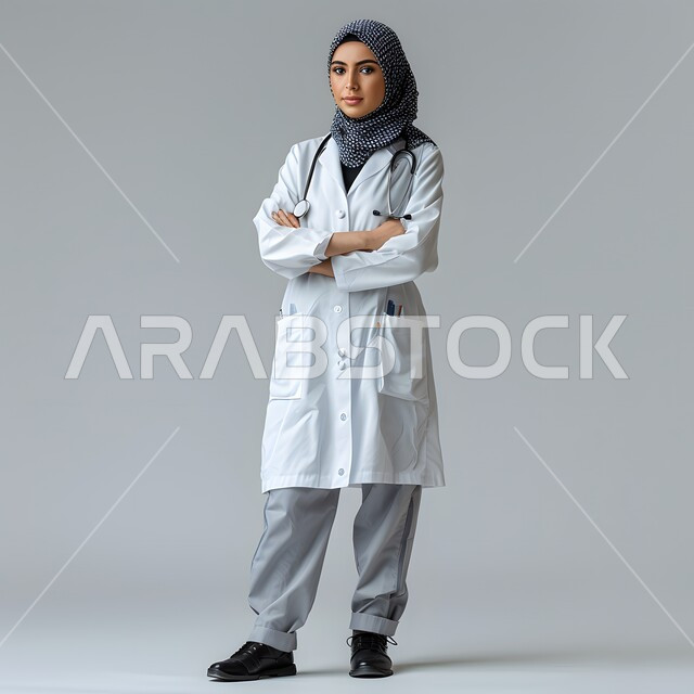 تقديم الخدمات العلاجية والفحوصات الطبية للمرضى, العمل في القطاع  الصحي, الوقوف باستقامة والنظر إلى الكاميرا بثقة, بورتريه لطبيبة عربية خليجية سعودية محجبة مبتسمة ترتدي المعطف الطبي الأبيض, مهن ووظائف نسائية سعودية، صورة لكامل الجسم، خلفية رمادية