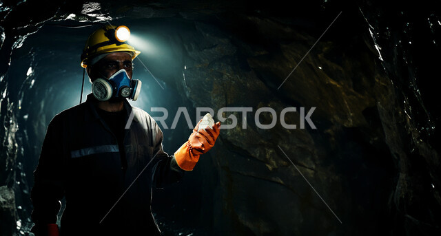 استخراج المواد الخام والفحم ومعادن من الأرض، عامل مناجم عربي خليجي سعودي يرتدي زي العمل وخوذة الحماية يقف بداخل نفق مظلم، مهن ووظائف سعودية، أعمال التنقيب والبحث في الطبقات الأرضية السفلى
