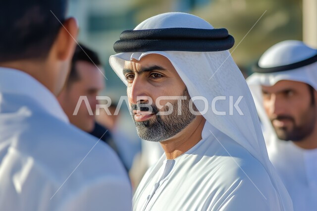 الاهتمام بالمظهر الخارجي، صورة مقربة لرجل عربي خليجي اماراتي يرتدي الكندورة الاماراتية والغترة ينظر الى مكان ما بإيماءات الجدية، مفهوم الرجولة والقوة