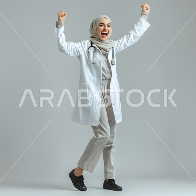 تقديم الخدمات العلاجية في المستشفيات والمراكز الصحية، العمل في القطاع الطبي، الاهتمام بالأناقة والمظهر الخارجي، بورتريه لطبيبة عربية خليجية سعودية مبتسمة محجبة ترتدي المعطف الابيض تقف باستقامة وتنظر الى شيء ما، صورة الجسم بالطول الكامل، خلفية بيضاء