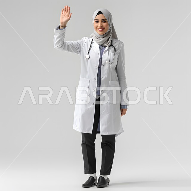 تقديم الخدمات العلاجية في المستشفيات والمراكز الصحية، العمل في القطاع الطبي، الاهتمام بالأناقة والمظهر الخارجي، بورتريه لطبيبة عربية خليجية سعودية مبتسمة محجبة ترتدي المعطف الابيض تقف باستقامة وتنظر الى شيء ما، صورة الجسم بالطول الكامل، خلفية بيضاء