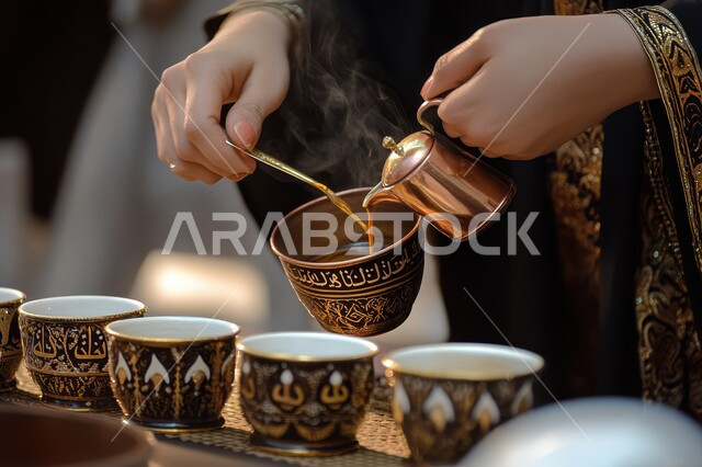 أصالة العادات والتقاليد في المملكة العربية السعودية، مفهوم كرم الضيافة وحسن الاستقبال، صورة مقربة ليدين أمراة عربية سعودية خليجية تقوم بتقديم المشروبات الساخنة من الدلة النحاسية