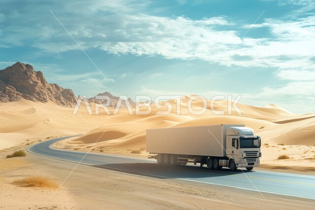 مفهوم الخدمات اللوجستية وتوصيل البضائع بين المدن، شاحنة نقل كبيرة في طريق صحراوي وسط الكثبان الرملية، الطبيعة الصحراوية والتضاريس والمرتفعات الجبلية في المملكة العربية السعودية