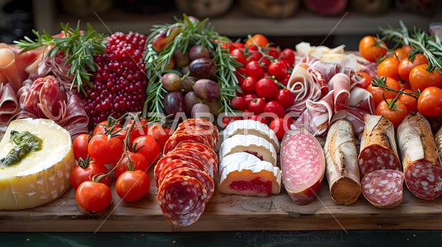 الأساليب الفنية في تقديم اللحومات الباردة والخضار الطازجة والأجبان، منتجات ومحاصيل زراعية وطنية محلية سعودية، طبق خشبي مليء بأصناف متنوعة ومختلفة من الأكلات اللذيذة، سناكات ووجبات خفيفية، أطعمة غنية بالفيتامينات والعناصر الغذائية المهمة