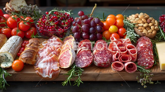 الأساليب الفنية في تقديم اللحومات الباردة والخضار الطازجة والأجبان، منتجات ومحاصيل زراعية وطنية محلية سعودية، طبق خشبي مليء بأصناف متنوعة ومختلفة من الأكلات اللذيذة، سناكات ووجبات خفيفية، أطعمة غنية بالفيتامينات والعناصر الغذائية المهمة