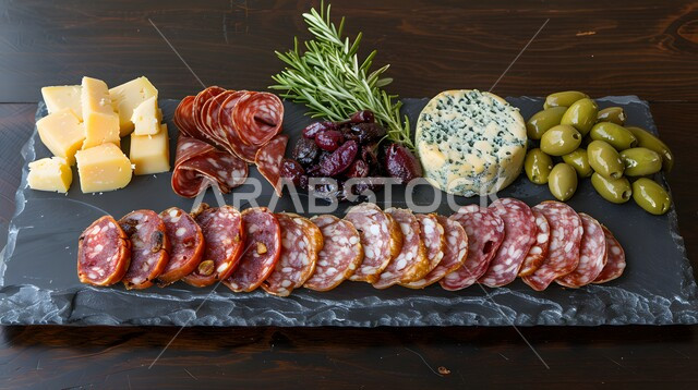 الأساليب الفنية في تقديم اللحومات الباردة والخضار الطازجة والأجبان، منتجات ومحاصيل زراعية وطنية محلية سعودية، طبق خشبي مليء بأصناف متنوعة ومختلفة من الأكلات اللذيذة، سناكات ووجبات خفيفية، أطعمة غنية بالفيتامينات والعناصر الغذائية المهمة