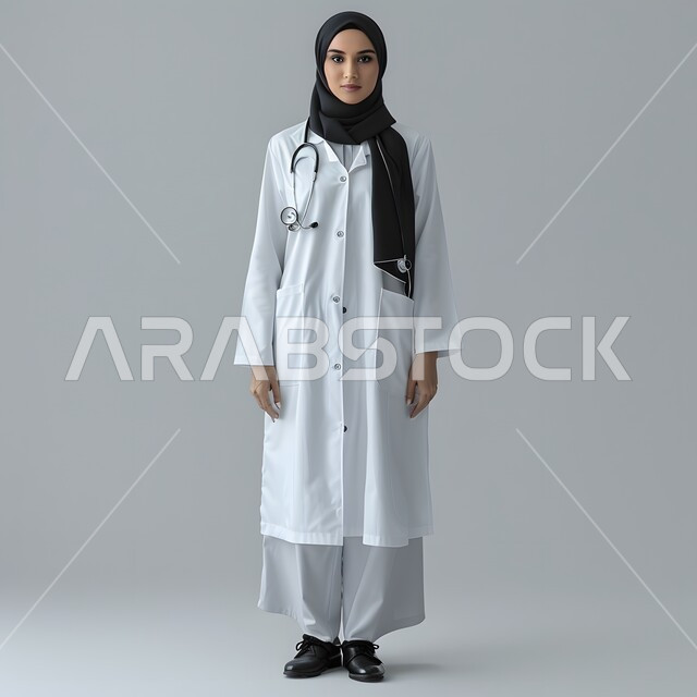 العمل في القطاع  الصحي, ايماءات الثقة بالنفس، مهن ووظائف نسائية سعودية، تقديم الخدمات العلاجية والفحوصات الطبية للمرضى, بورتريه لطبيبة عربية خليجية سعودية محجبة ترتدي المعطف الطبي الأبيض, صورة لكامل الجسم، خلفية رمادية