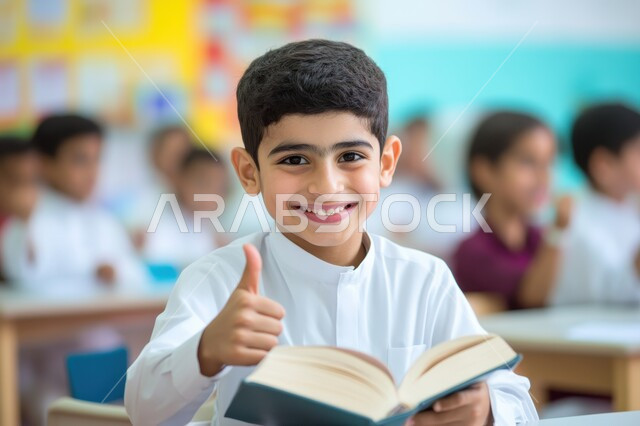 Gestures of admiration for the quality of education in the Kingdom, a close-up portrait of a smiling Saudi Arabian Gulf boy wearing a school uniform and holding a textbook in his hand, looking at the camera and raising his thumb up as a sign of success and excellence, the beginning of the new school year