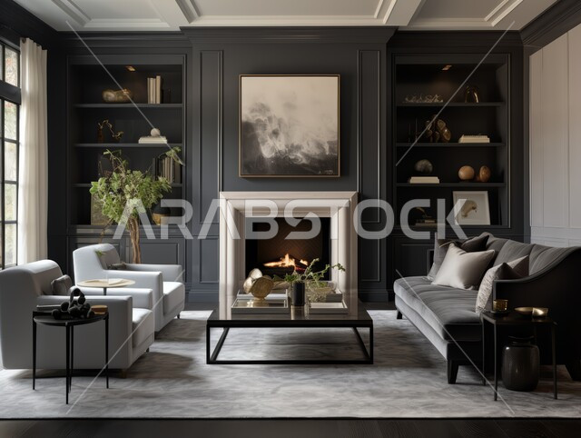 التصاميم الداخلية لغرف الجلوس المريحة على الطراز الحديث باللون الأسود ،غرفة معيشة مع أثاث منزلي فاخر ،لوحات فنية معلقة ،الديكورات الداخلية الراقية للفلل والشقق السكنية في المملكة العربية السعودية ،اكسسوارات وتحف عصرية