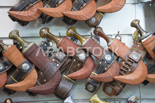 Traditional artistic and popular exhibitions, a collection of traditional daggers, national folk weapons, handicrafts and industries, Saudi heritage.
