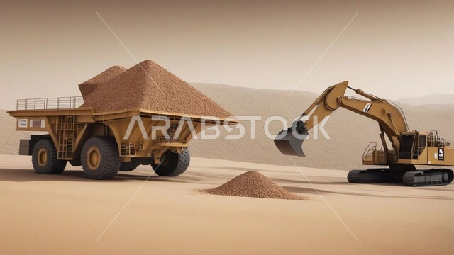 مناطق التنقيب عن الثروات الباطنية، الطبيعة الصحراوية وتضاريس السلاسل الجبلية، المرتفعات وقمم الجبال في المملكة العربية السعودية، سيارة شحن كبيرة تقوم بالعمل في موقع التعدين، التخلص من الأتربة والصخور ونقلها بعيدا