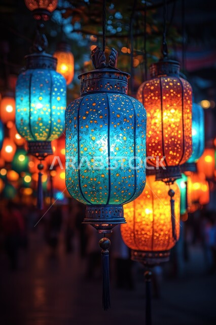 البهجة بقدوم شهر الخير, زينة وديكورات رمضان المبارك, أجواء الاحتفال بالمناسبات والأعياد الدينية الاسلامية، مجموعة من الفوانيس المعدنية التقليدية المضيئة, تحف واكسسوارات متميزة