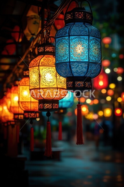 البهجة بقدوم شهر الخير, زينة وديكورات رمضان المبارك, أجواء الاحتفال بالمناسبات والأعياد الدينية الاسلامية، مجموعة من الفوانيس المعدنية التقليدية المضيئة, تحف واكسسوارات متميزة