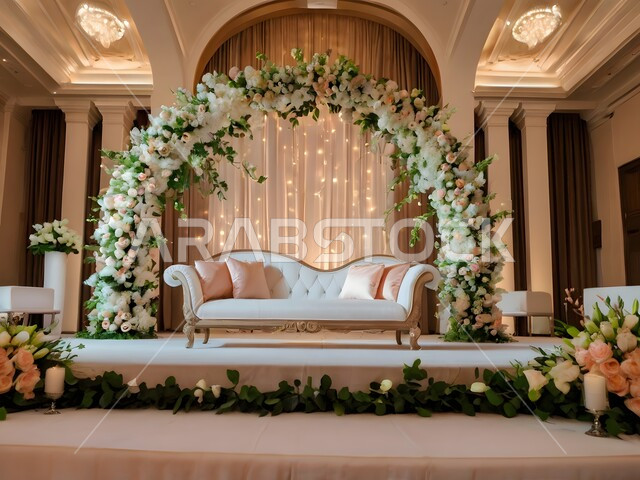 Wedding booths in celebration and event halls, display platform for weddings and weddings, designs and decorations with flowers and roses, halls for marriages and happy events.