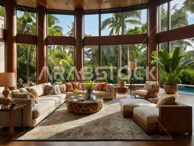 النوافذ والواجهات الزجاجية المطلة على الطبيعة، الاهتمام بنبات الزينة المنزلي، التصاميم الداخلية لغرف الجلوس على الطراز الحديث، غرفة معيشة مع أثاث منزلي فاخر باللون الابيض، ديكور داخلي راقي للفلل والشقق السكنية في المملكة العربية السعودية