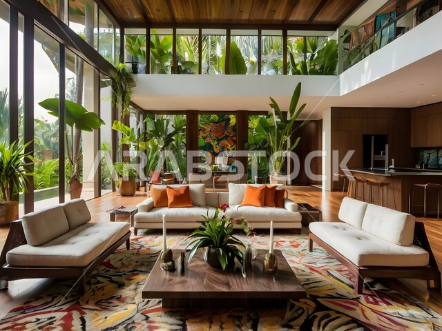 النوافذ والواجهات الزجاجية المطلة على الطبيعة، الاهتمام بنبات الزينة المنزلي، التصاميم الداخلية لغرف الجلوس على الطراز الحديث، غرفة معيشة مع أثاث منزلي فاخر باللون الابيض، ديكور داخلي راقي للفلل والشقق السكنية في المملكة العربية السعودية