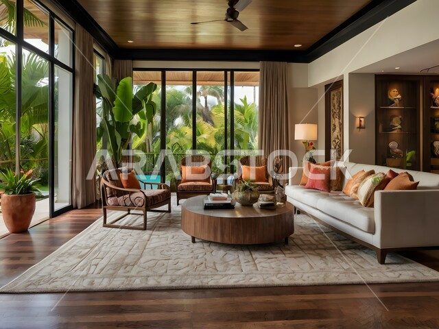 النوافذ والواجهات الزجاجية المطلة على الطبيعة، الاهتمام بنبات الزينة المنزلي، التصاميم الداخلية لغرف الجلوس على الطراز الحديث، غرفة معيشة مع أثاث منزلي فاخر باللون الابيض، ديكور داخلي راقي للفلل والشقق السكنية في المملكة العربية السعودية