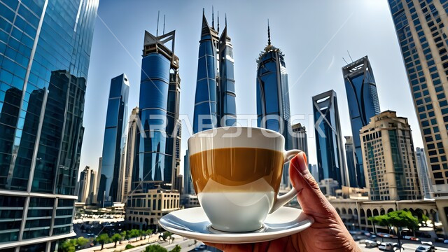 An imaginative, futuristic view of the towers, a hand holding a cup of coffee in front of modern skyscrapers in a striking view of the city. Urban lifestyle and recovery concept