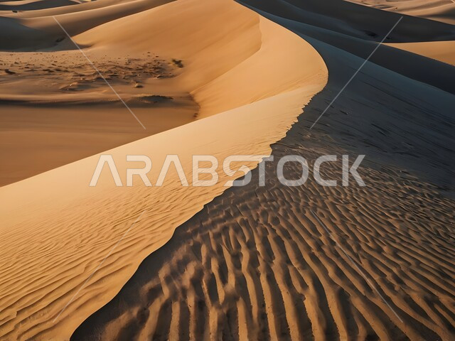 الهضاب والتلال من الرمال الذهبية الناعمة في الصحراء العربية في النهار, الكثبان الرملية في المناطق الطبيعية الصحراوية، المساحات والأراضي الواسعة في المملكة العربية السعودية