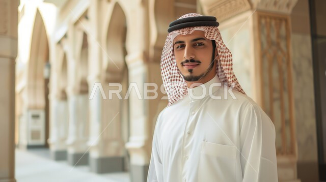 مفهوم الرجولة والأناقه، الاهتمام بالمظهر الخارجي، بورتريه مقرب لرجل عربي خليجي سعودي يرتدي الشماغ والثوب ينظر إلى الكاميرا بإيماءات الثقة بالنفس 