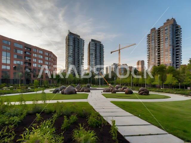 مجمع سكني راقي في السعودية، تصميم هندسي معماري حديث، الإسكان العائلي في المملكة، جودة الحياة والمباني السكنية الحديثة المحاطة بأشجار النخيل في حديقة تضم مسارًا للمشي, المباني العالية الجديدة، النوافذ الكبيرة والشرفات الهادئة