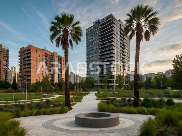 مجمع سكني راقي في السعودية، تصميم هندسي معماري حديث، الإسكان العائلي في المملكة، جودة الحياة والمباني السكنية الحديثة المحاطة بأشجار النخيل في حديقة تضم مسارًا للمشي, المباني العالية الجديدة، النوافذ الكبيرة والشرفات الهادئة