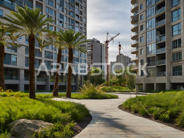 مجمع سكني راقي في السعودية، تصميم هندسي معماري حديث، الإسكان العائلي في المملكة، جودة الحياة والمباني السكنية الحديثة المحاطة بأشجار النخيل في حديقة تضم مسارًا للمشي, المباني العالية الجديدة، النوافذ الكبيرة والشرفات الهادئة