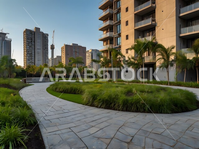 مجمع سكني راقي في السعودية، تصميم هندسي معماري حديث، الإسكان العائلي في المملكة، جودة الحياة والمباني السكنية الحديثة المحاطة بأشجار النخيل في حديقة تضم مسارًا للمشي, المباني العالية الجديدة، النوافذ الكبيرة والشرفات الهادئة