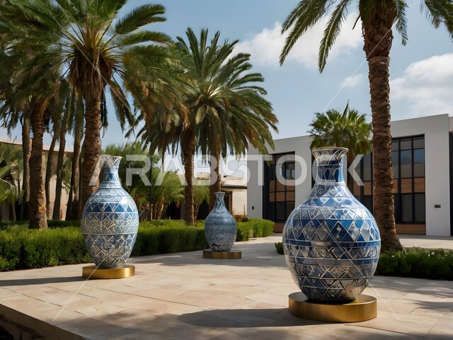 مجموعة من المزهريات المزخرفة بمختلف الأنماط والألوان، الترتيب في الفناء بجانب أشجار النخيل, مجمع سكني راقي في السعودية، تصميم هندسي معماري حديث