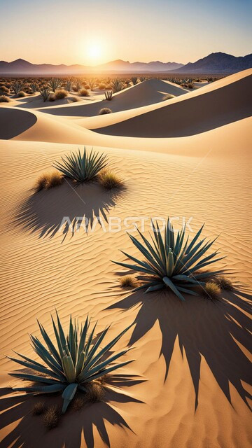 نمو النباتات الشوكية في المناخ الصحراوي الجاف والقاسي، التلال والكثبان الرملية الناعمة، الرمال الذهبية اللمعة تحت أشعة الشمس، المناظر الطبيعية في الصحراء في المملكة العربية، المناطق الصحراوية في السعودية، التضاريس والبيئة الجافة