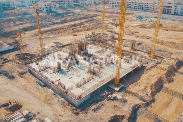 مفهوم تحسين البنية التحتية للبلاد، التطور المعماري والحضاري في المملكة العربية السعودية، تشييد المباني والمشاريع الضخمة، أعمال البناء والمقاولات والتطوير العقاري، إنشاء الأساسات والهياكل للمشروعات السكنية والمصانع، استخدام الرافعات والمعدات الثقيلة