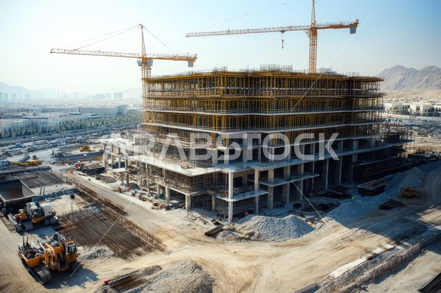 مفهوم تحسين البنية التحتية للبلاد، التطور المعماري والحضاري في المملكة العربية السعودية، تشييد المباني والمشاريع الضخمة، أعمال البناء والمقاولات والتطوير العقاري، إنشاء الأساسات والهياكل للمشروعات السكنية والمصانع، استخدام الرافعات والمعدات الثقيلة