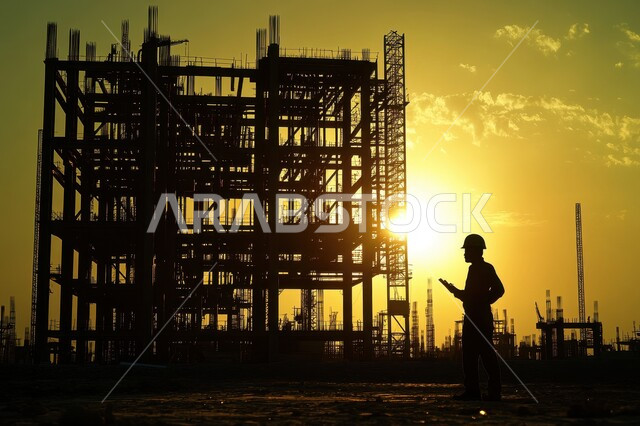 مفهوم تحسين البنية التحتية للبلاد، التطور المعماري والحضاري في المملكة العربية السعودية، تشييد المباني والمشاريع الضخمة، أعمال البناء والمقاولات والتطوير العقاري، إنشاء الأساسات والهياكل للمشروعات السكنية والمصانع، استخدام الرافعات والمعدات الثقيلة