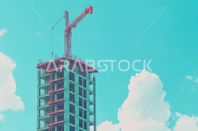 استخدام الرافعات والمعدات الثقيلة، مفهوم تحسين البنية التحتية للبلاد، التطور المعماري والحضاري في المملكة العربية السعودية، تشييد المباني والمشاريع الضخمة، أعمال البناء والمقاولات والتطوير العقاري، إنشاء الأساسات والهياكل للمشروعات السكنية والمصانع