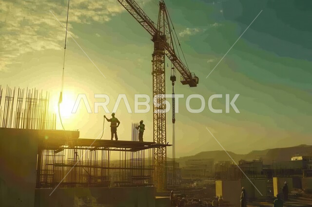 استخدام الرافعات والمعدات الثقيلة، مفهوم تحسين البنية التحتية للبلاد، التطور المعماري والحضاري في المملكة العربية السعودية، تشييد المباني والمشاريع الضخمة، أعمال البناء والمقاولات والتطوير العقاري، إنشاء الأساسات والهياكل للمشروعات السكنية والمصانع