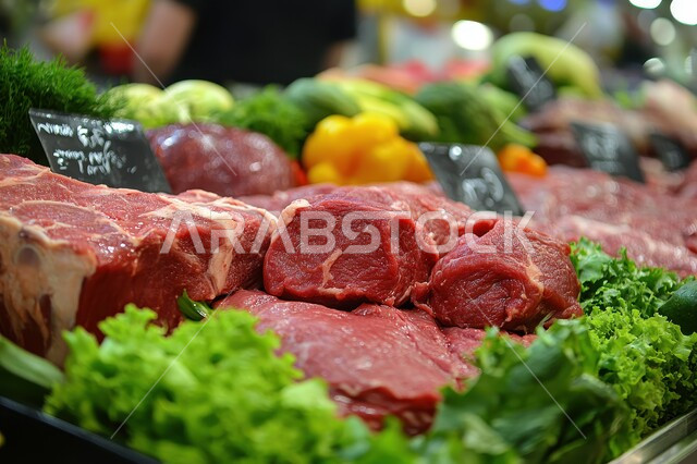 المنتجات والمواد الغذائية المحلية الوطنية, صورة مقربة لقطعة من اللحم النيئ الطازج الجاهز للطهي مع الخضار وأوراق الخس الخضراء، وجبات الطعام الرئيسية, محلات اللحوم في المملكة العربية السعوديه، اللحمة الحمراء, مكونات ووصفات الغذاء الصحي