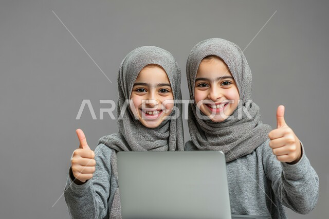 دمج التكنولوجيا والتقنيات الحديثة في مجالات التعلم، بورتريه لفتاتين عربيتين خليجيتين سعوديتين محجبتين تجلسان أمام الجاسوب المحمول لحضور الدروس والحصص التعليمية، مفهوم التعلم عن بعد، أختان توءم تتساعدان في الدراسة وترفعان أصابعهما بإيماءات القبول، خلفية رمادية