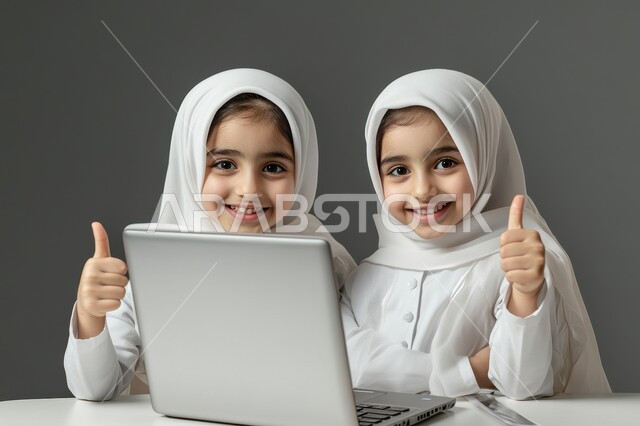 Integrating technology and modern techniques in the fields of learning, portrait of two veiled Saudi Arabian Gulf girls sitting in front of a portable computer to attend lessons and educational sessions, the concept of distance learning, twin sisters helping each other in studying and raising their fingers in gestures of acceptance, gray background