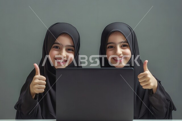 Integrating technology and modern techniques in the fields of learning, portrait of two veiled Saudi Arabian Gulf girls sitting in front of a portable computer to attend lessons and educational sessions, the concept of distance learning, twin sisters helping each other in studying and raising their fingers in gestures of acceptance, gray background
