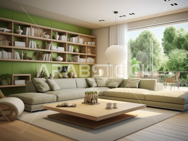 Interior decorations for villas and residential apartments in the Kingdom of Saudi Arabia, living rooms in elegant colors with luxurious white home furniture, modern accessories and antiques, elegant designs for modern living rooms, large glass windows with a view of nature