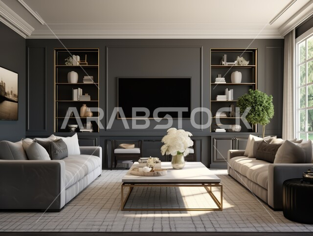 التصاميم الداخلية لغرف الجلوس المريحة على الطراز الحديث باللون الأسود ،غرفة معيشة مع أثاث منزلي فاخر ،لوحات فنية معلقة ،الديكورات الداخلية الراقية للفلل والشقق السكنية في المملكة العربية السعودية ،اكسسوارات وتحف عصرية